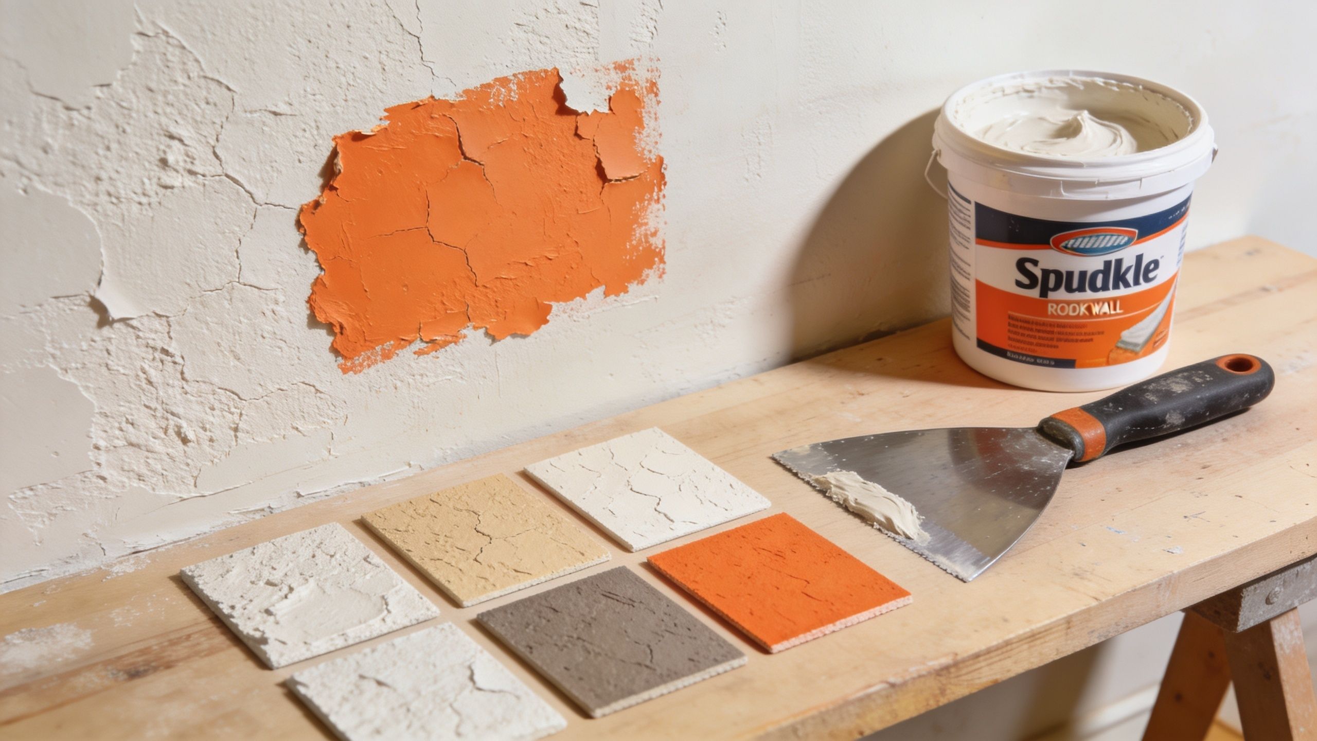 A putty knife and joint compound bucket next to various textured wall sample tiles and damaged wall.