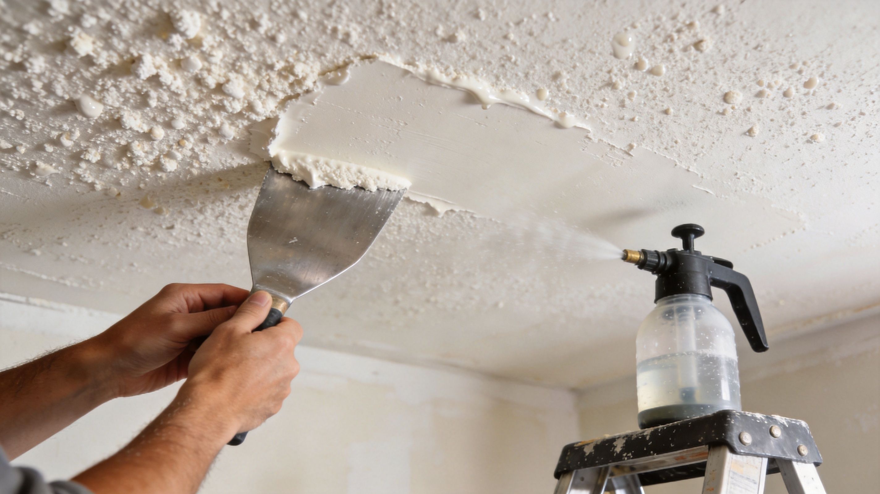 A person using a metal putty knife to scrape popcorn texture off a ceiling after spraying water.
