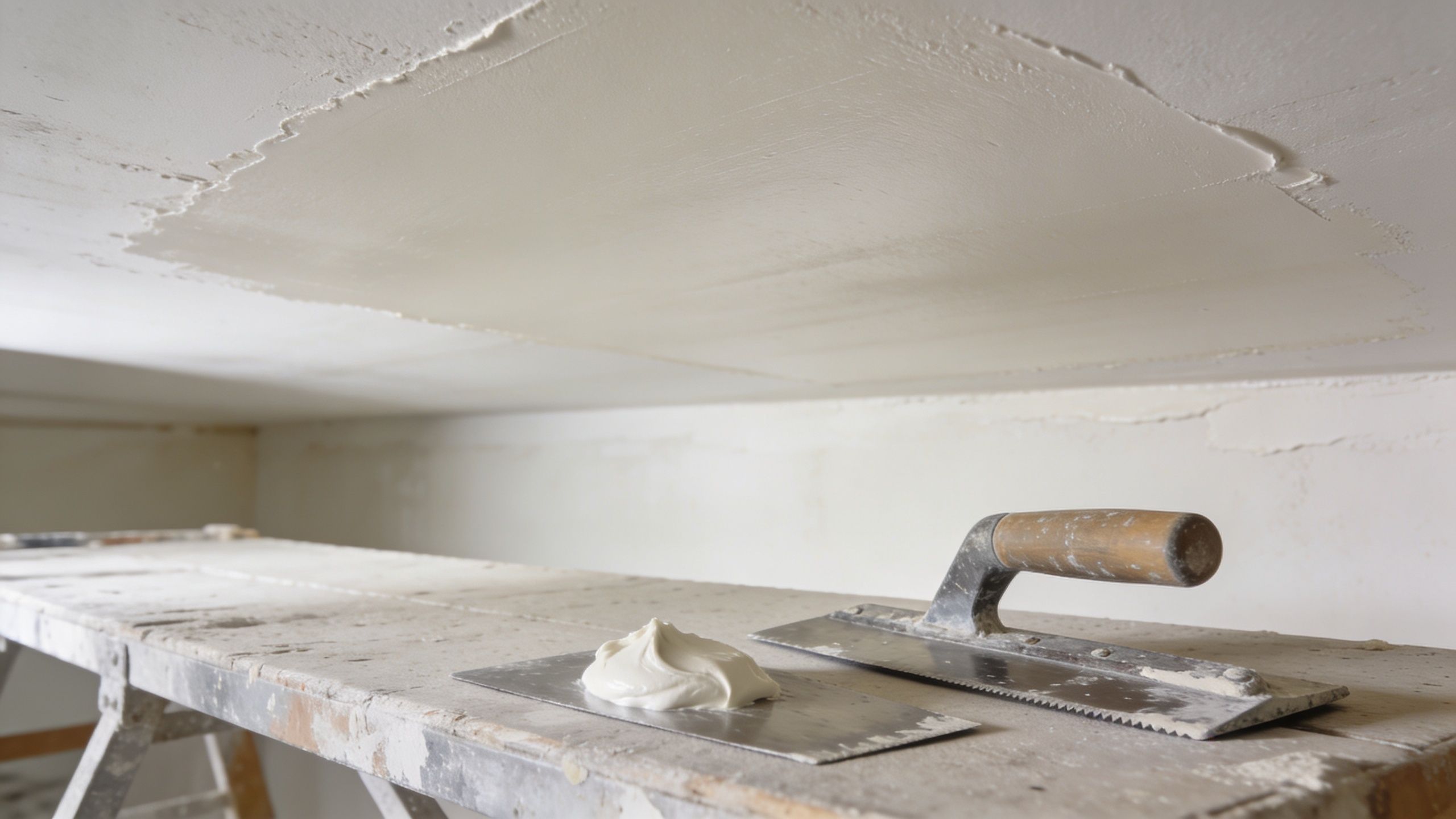 A drywall finishing trowel and a small palette knife with plaster sit on a construction scaffolding platform.