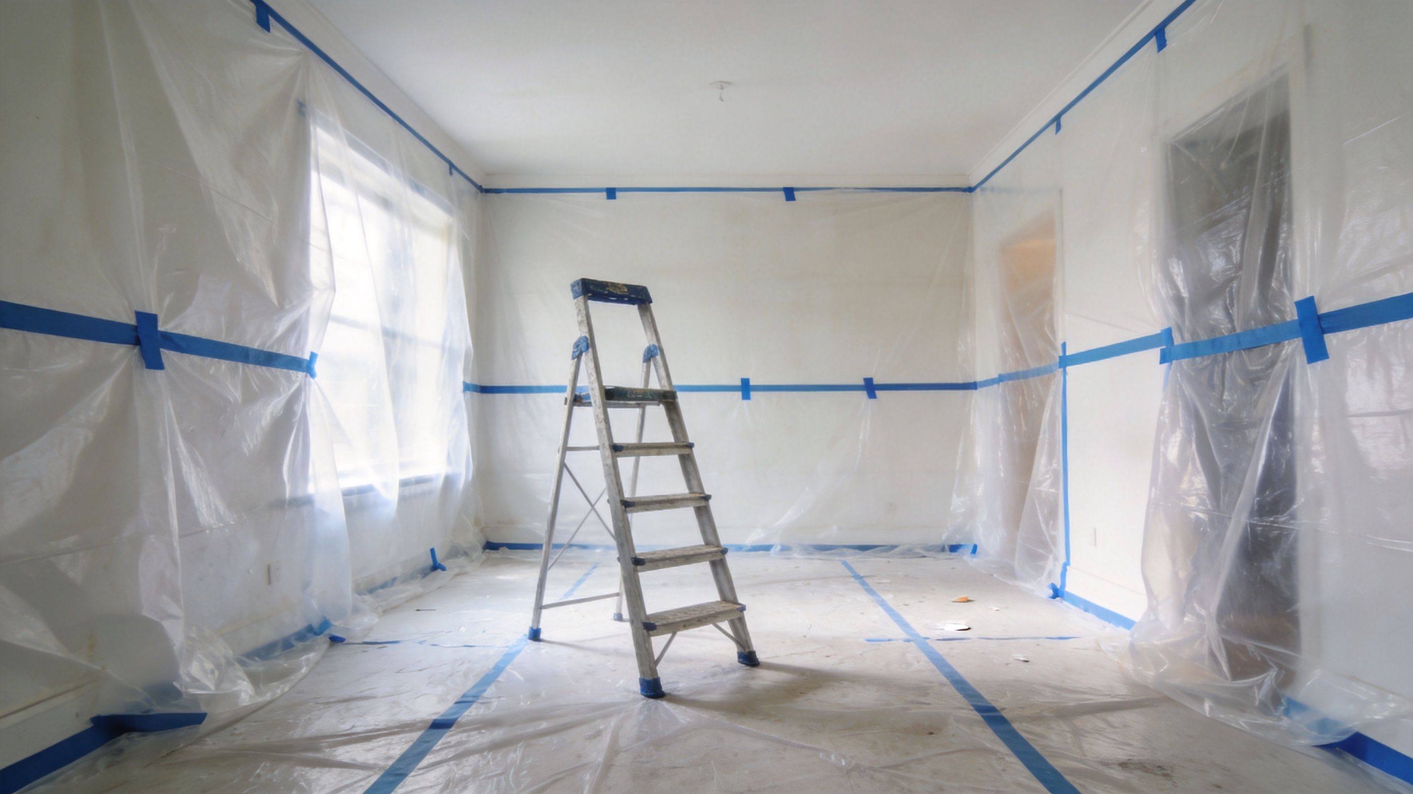 A room undergoing renovation with plastic sheets covering the walls and a metal stepladder in the center.