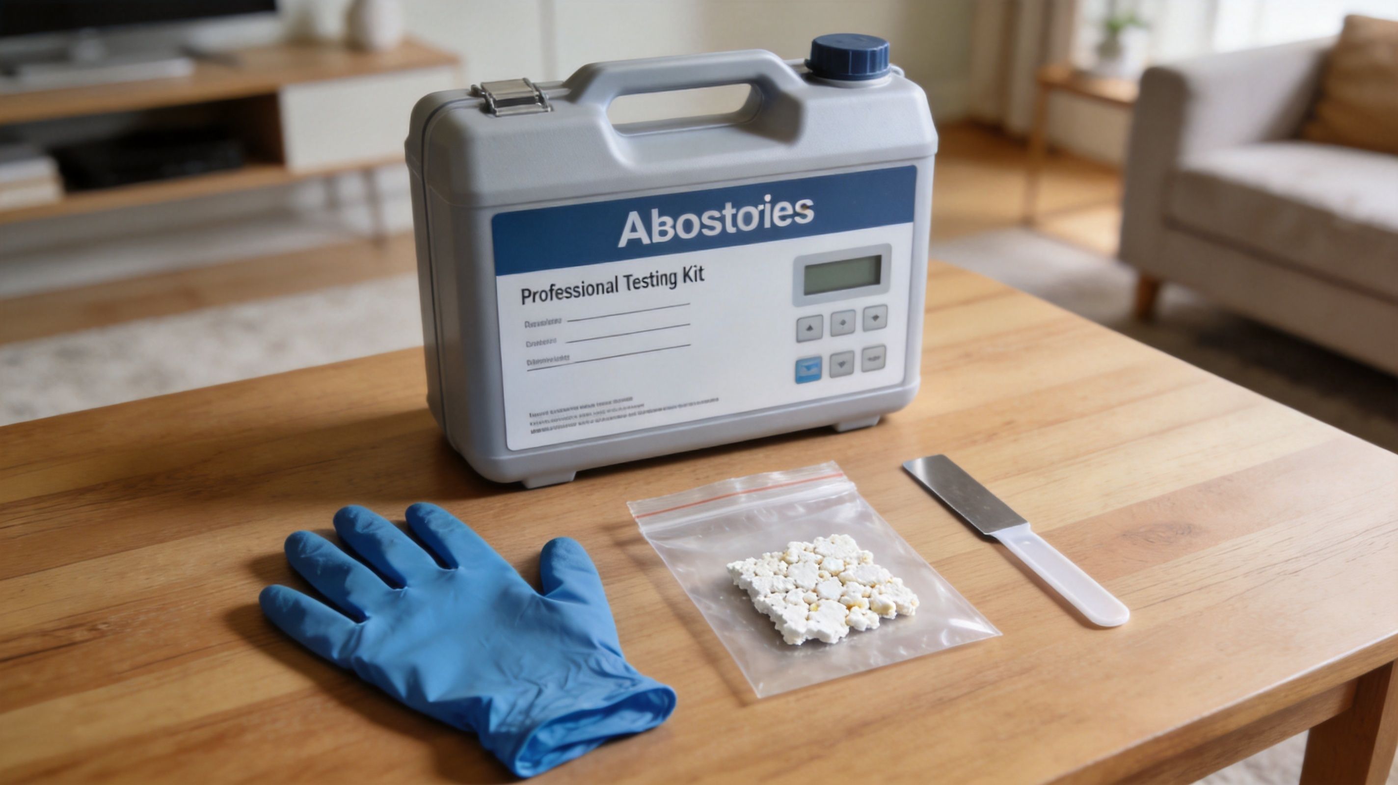 A professional testing kit, a blue glove, a sample bag, and a scraper on a wooden table.