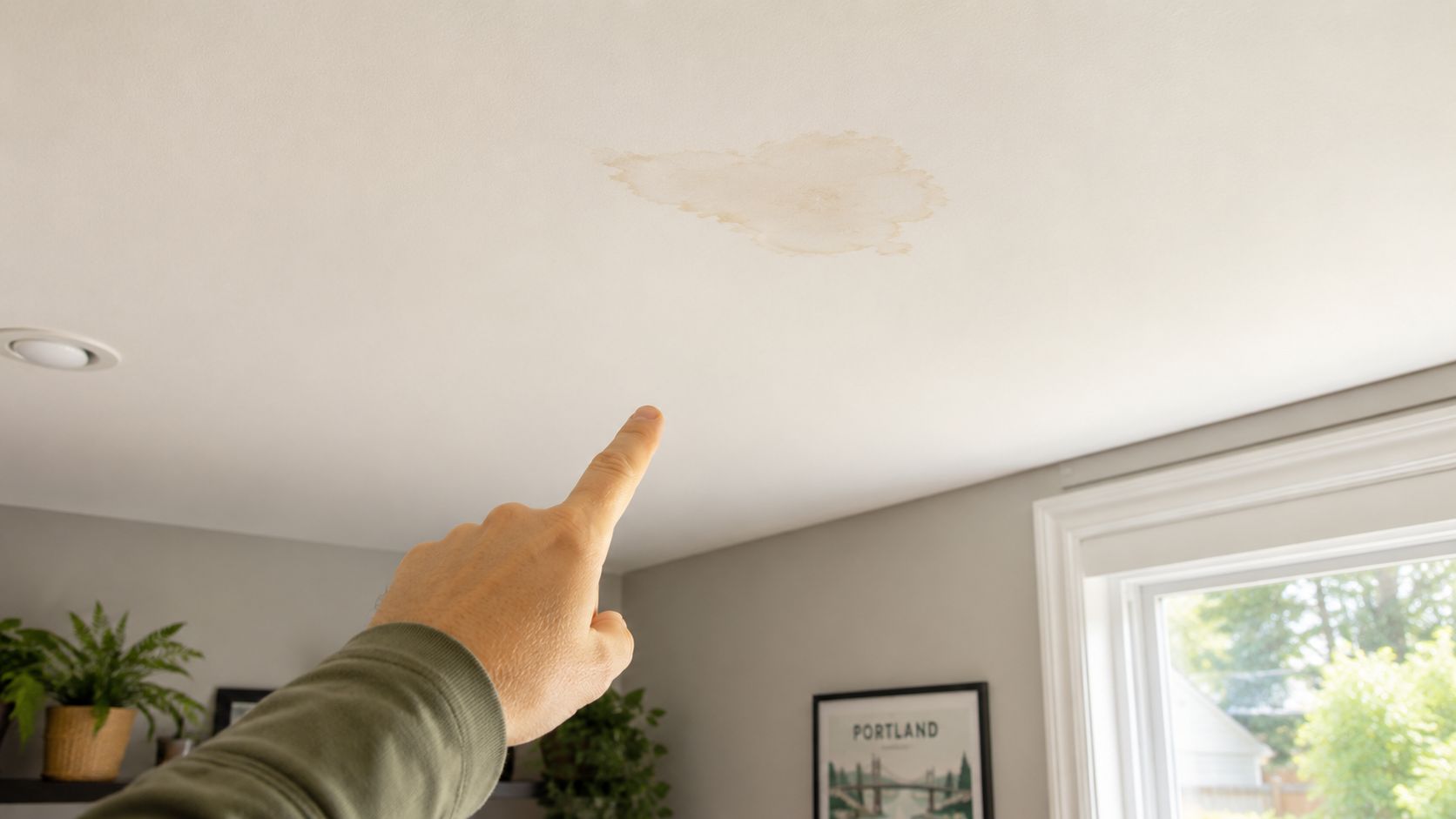 A person pointing at a brown water damage stain on the white drywall ceiling of a room.