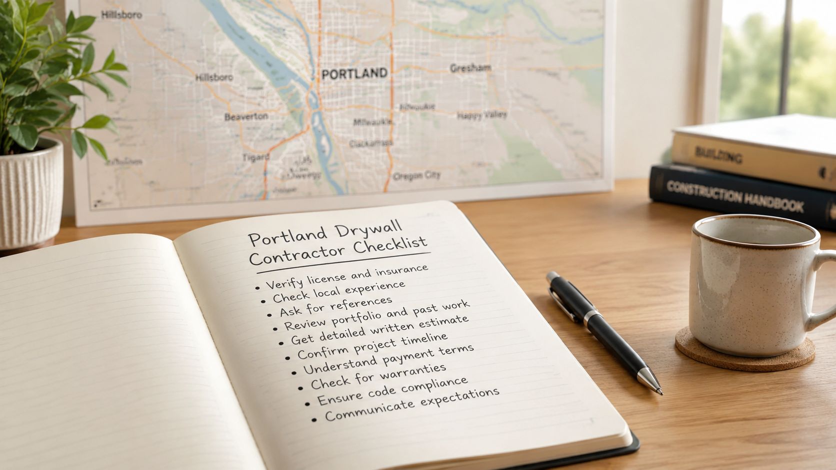 A notepad on a wooden desk lists a checklist for hiring a drywall contractor in Portland.