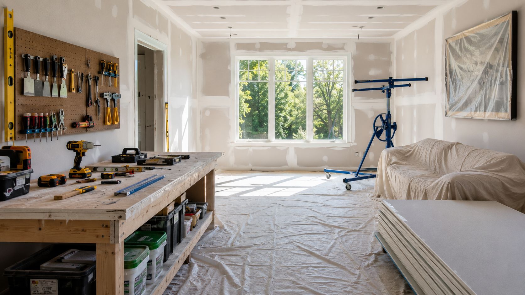 A renovation project featuring a workspace with tools, a workbench, and drywall sheets ready for installation.