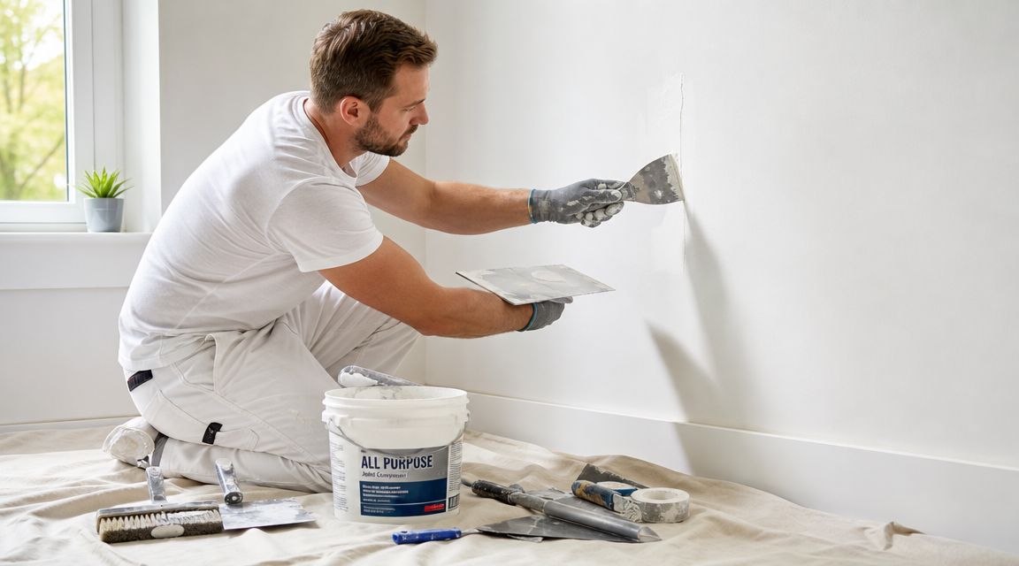A professional drywall contractor kneeling on a floor while smoothing joint compound on a white wall.