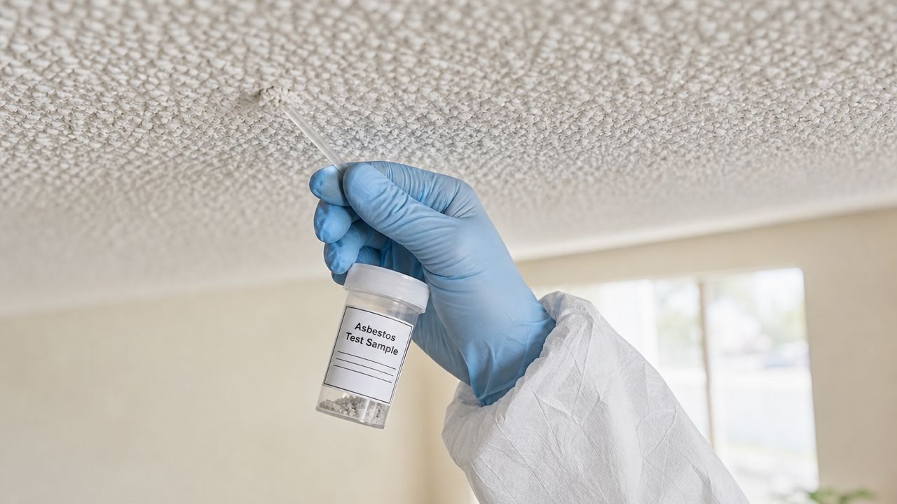 A professional technician wearing protective gear collects a sample from a textured popcorn ceiling for asbestos testing.