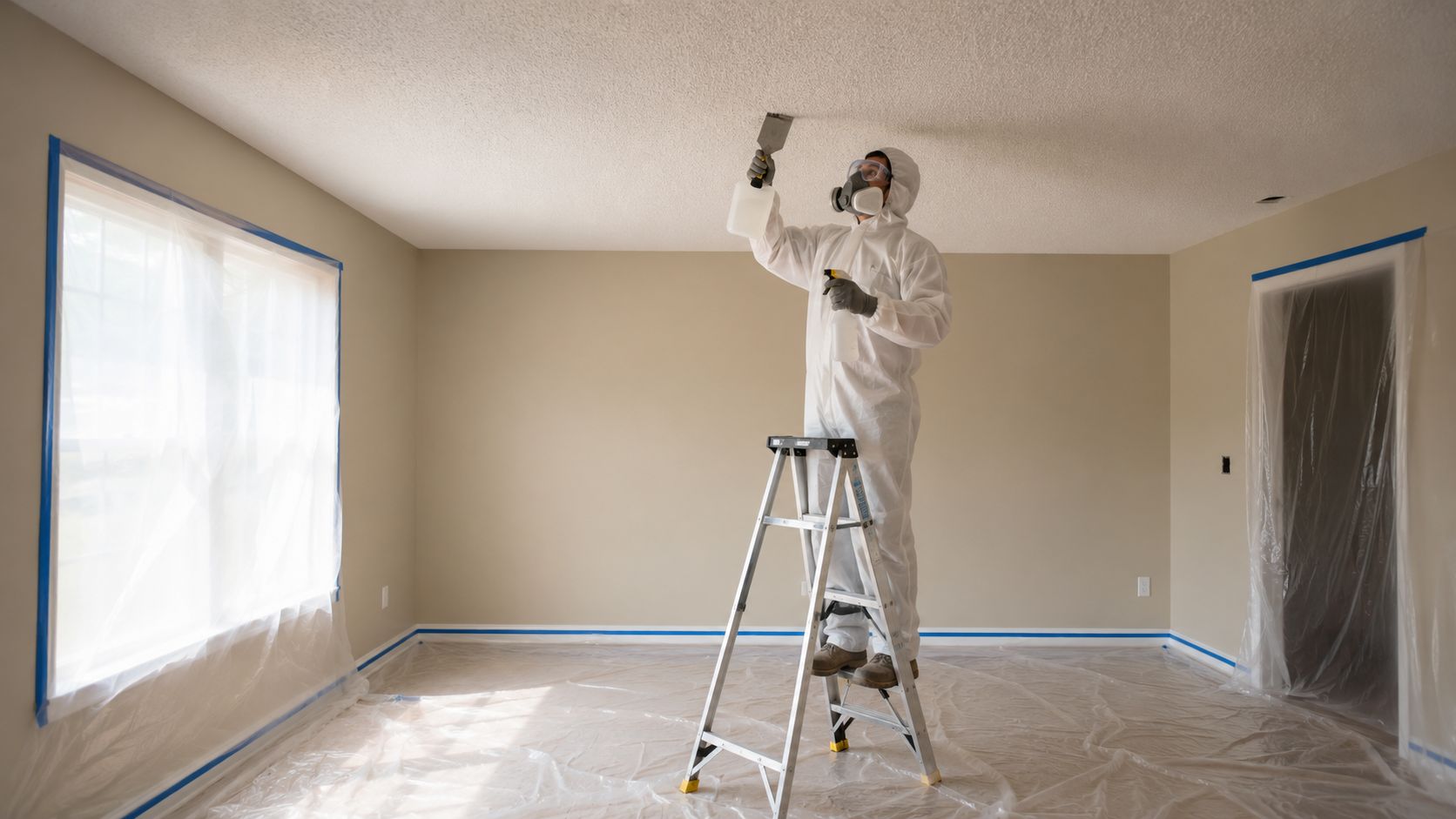 A professional contractor in a protective suit removing popcorn texture from a ceiling using a scraper.