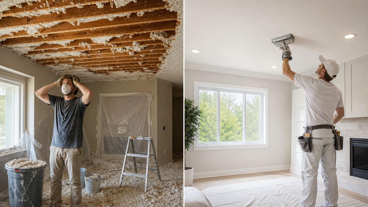 A split-screen comparison showing the messy process of popcorn ceiling removal followed by the finished, smooth ceiling.