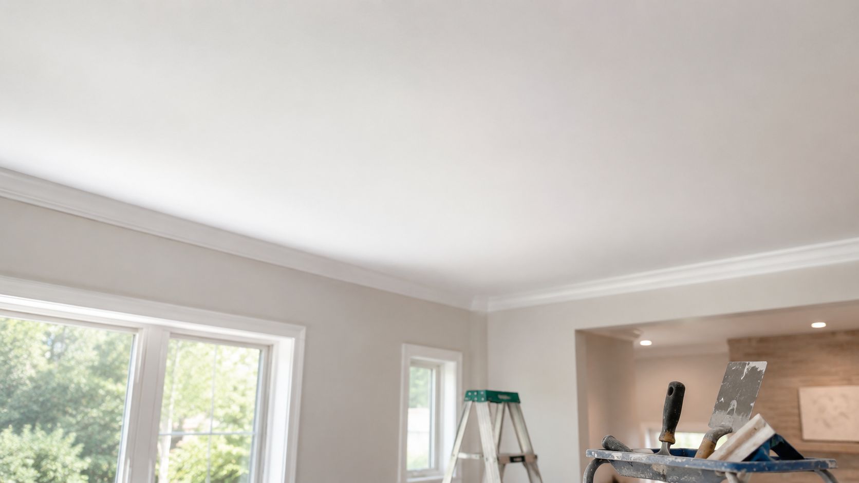 A room with a smooth, freshly painted white ceiling after professional popcorn ceiling removal and repair.