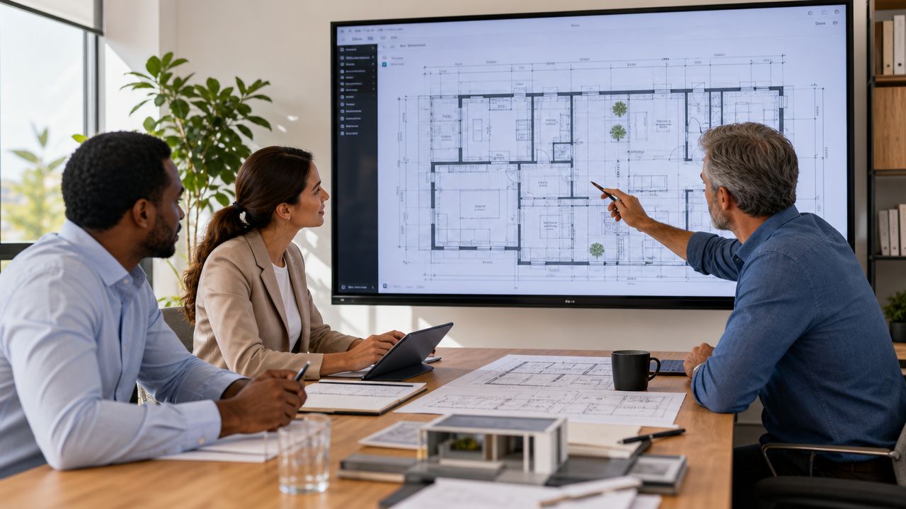 A diverse group of architects collaborating on building designs in a modern office meeting room.