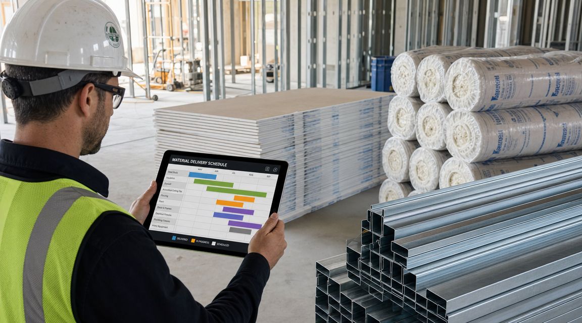 A construction manager holding a digital tablet to review a project material delivery schedule on-site.