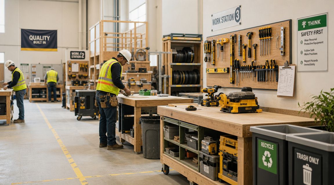 Workers in a clean industrial workshop facility wearing high visibility vests and safety gear at their workbenches.