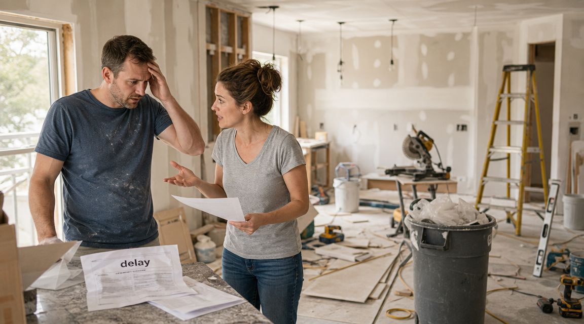 A stressed couple discussing construction delays while standing in a messy, unfinished room during a home renovation.