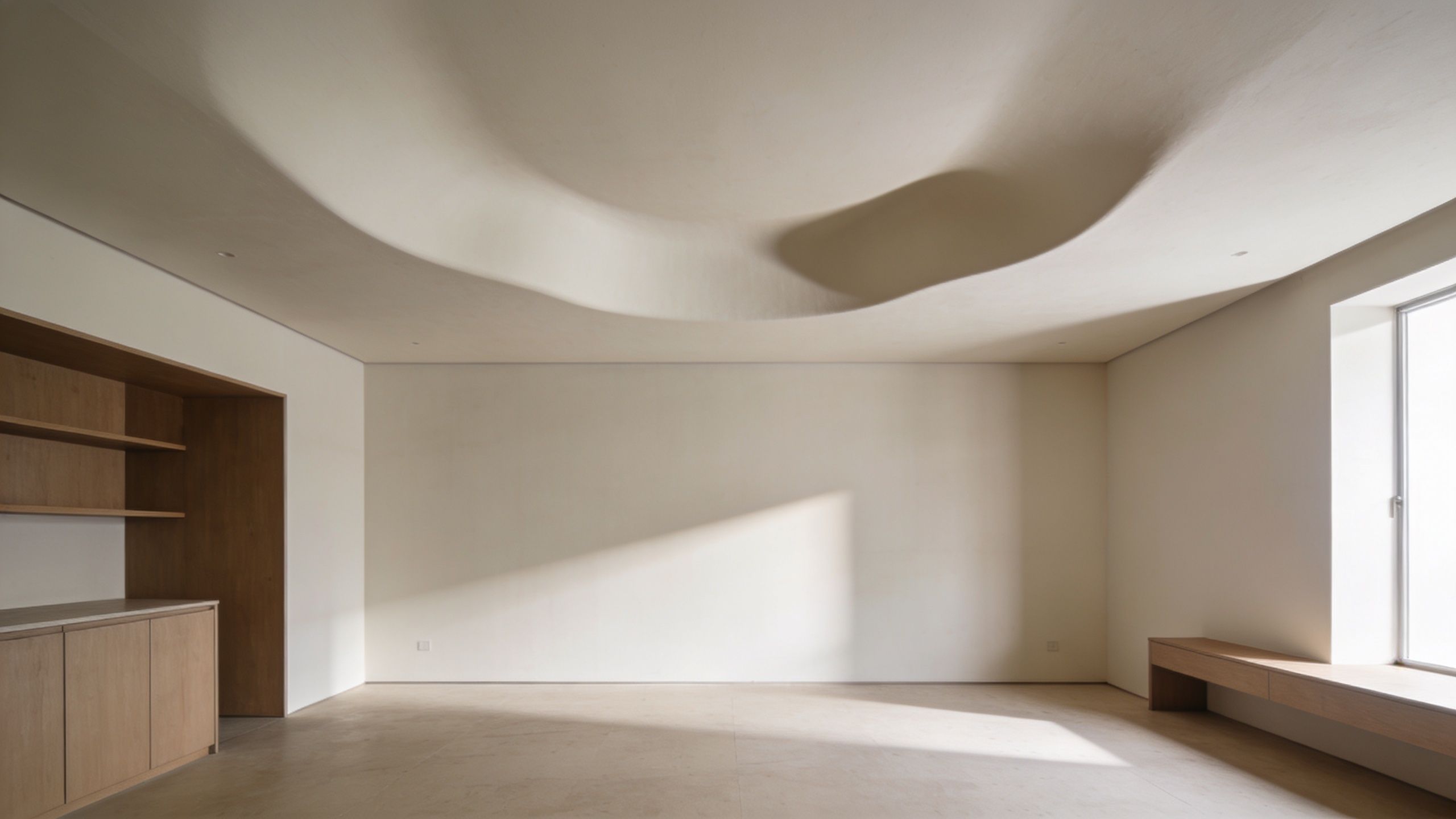 A modern minimalist room featuring a unique curved ceiling design, light wood cabinetry, and smooth walls.