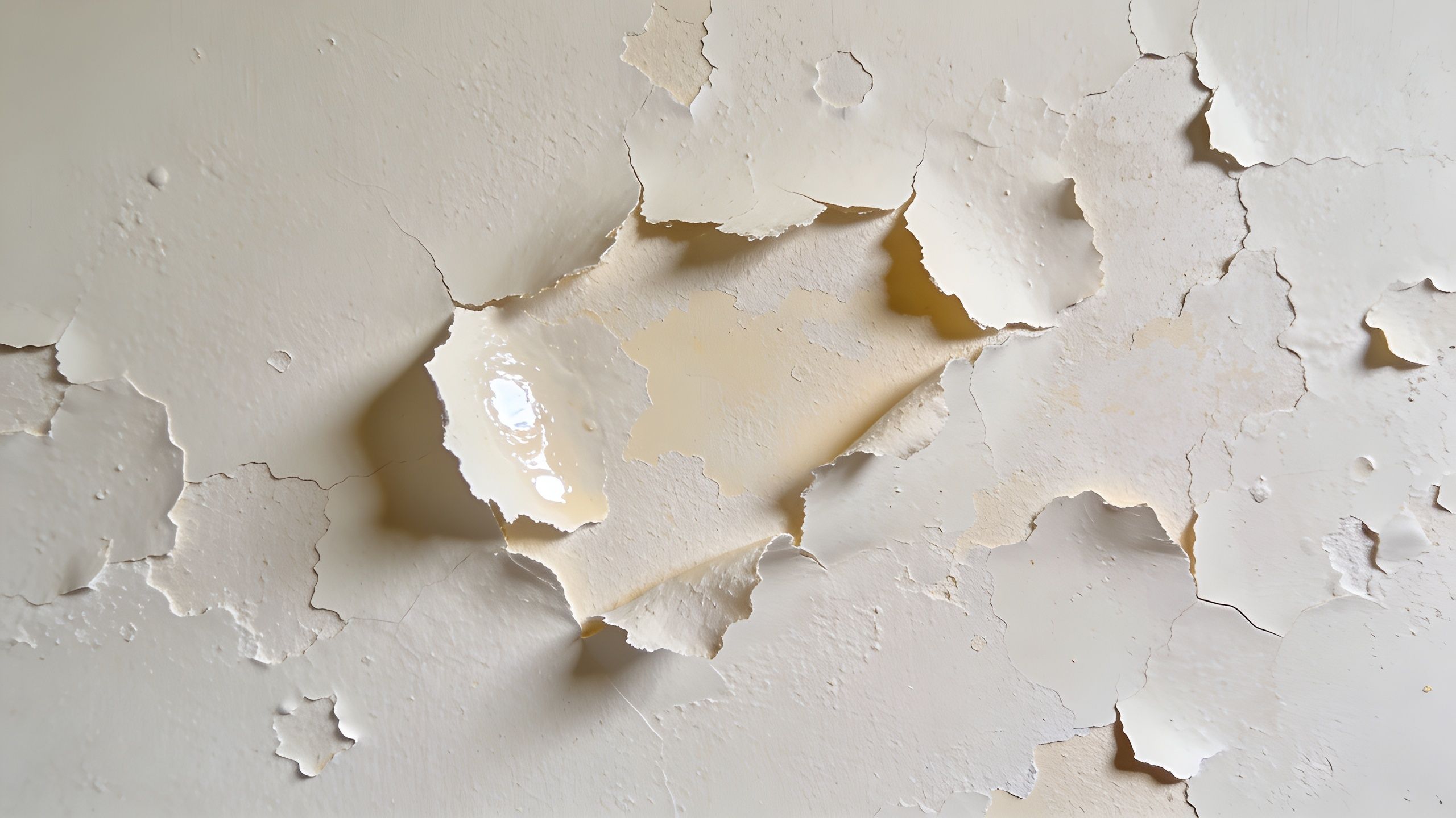 A close up view of peeling and cracked off-white paint on a wall indicating severe water damage.