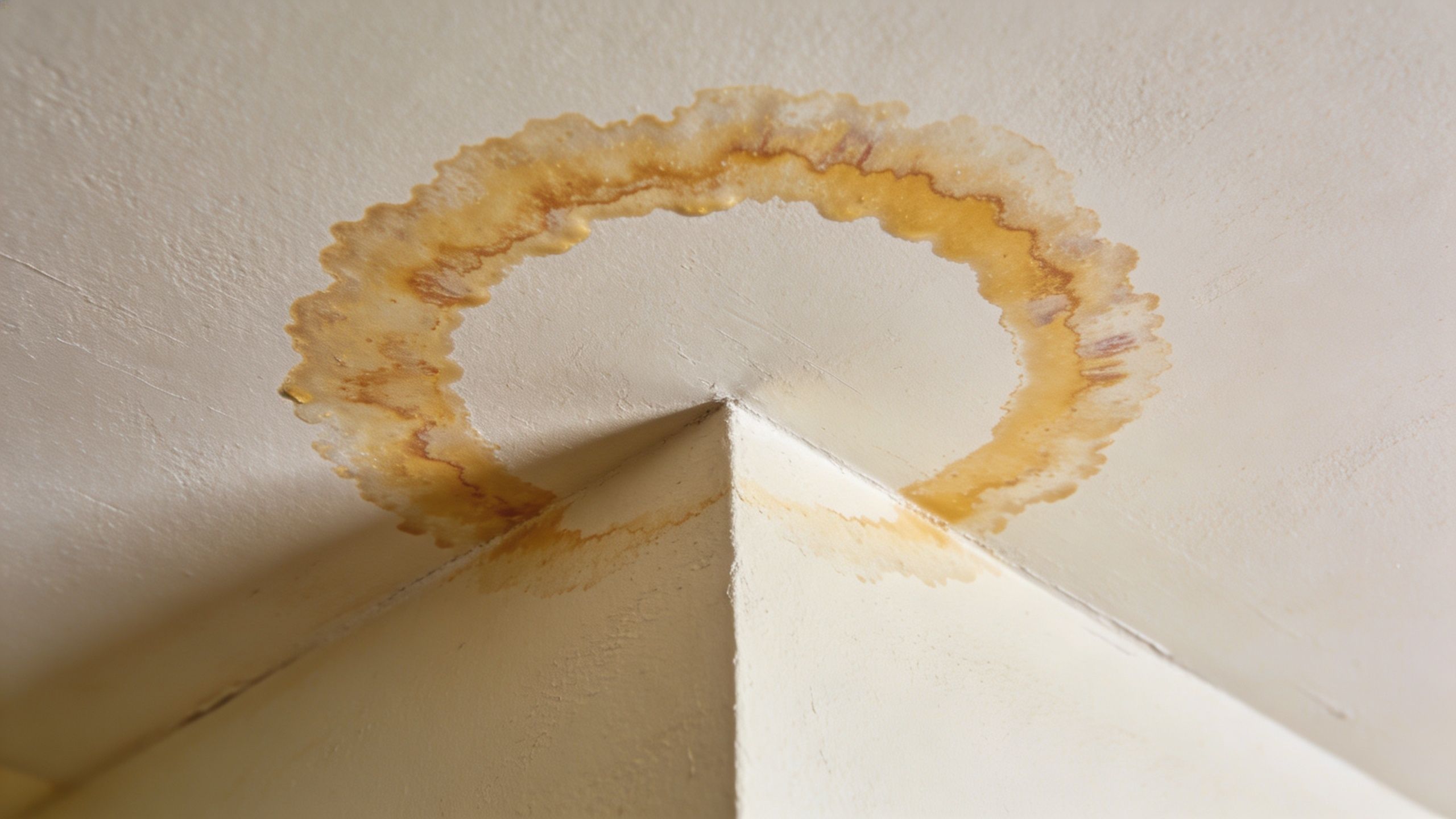 A significant brown water stain with a ring pattern appearing on a residential ceiling corner wall surface.