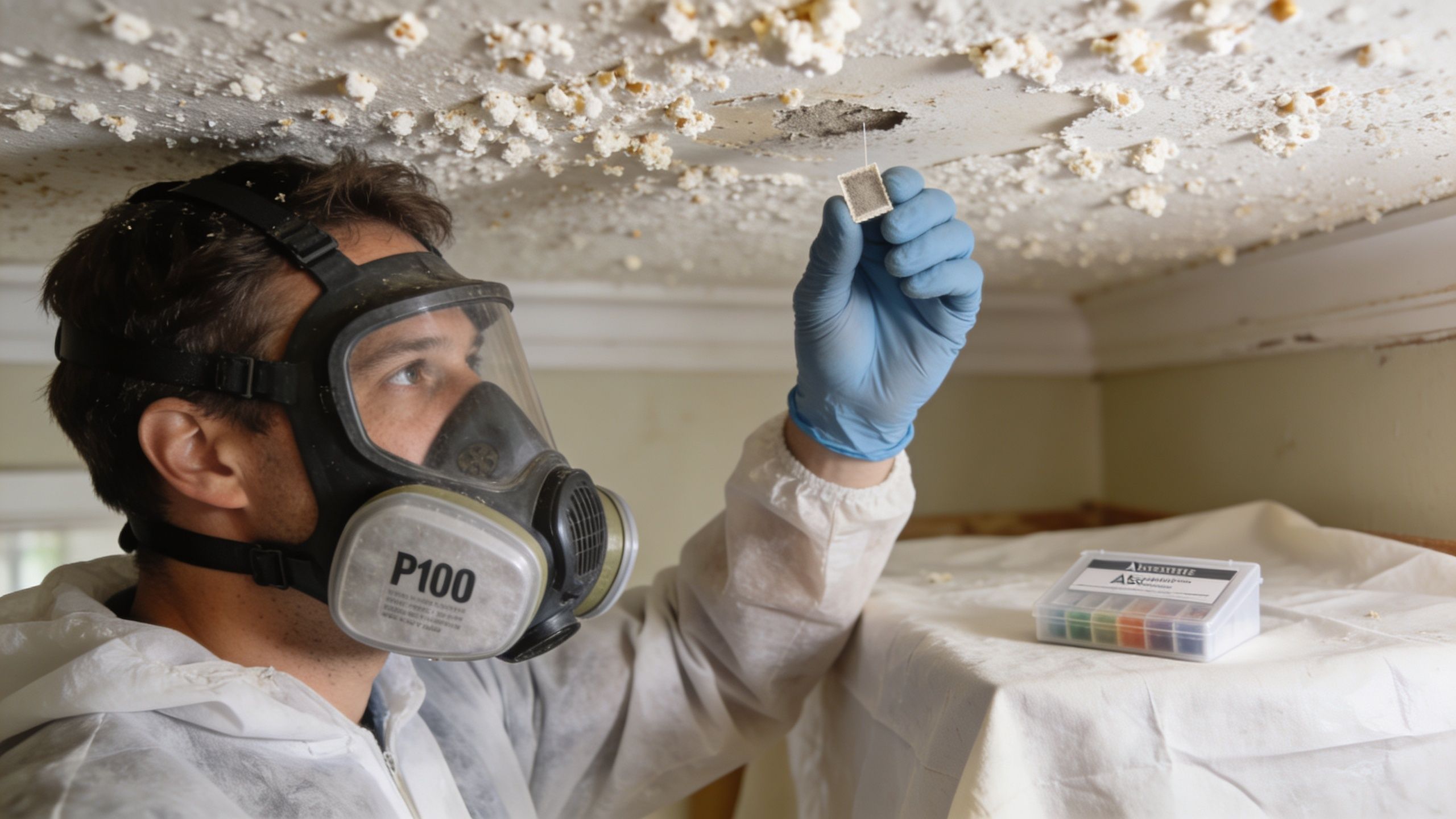 A professional in protective gear inspects a popcorn ceiling while holding a small environmental testing sample.