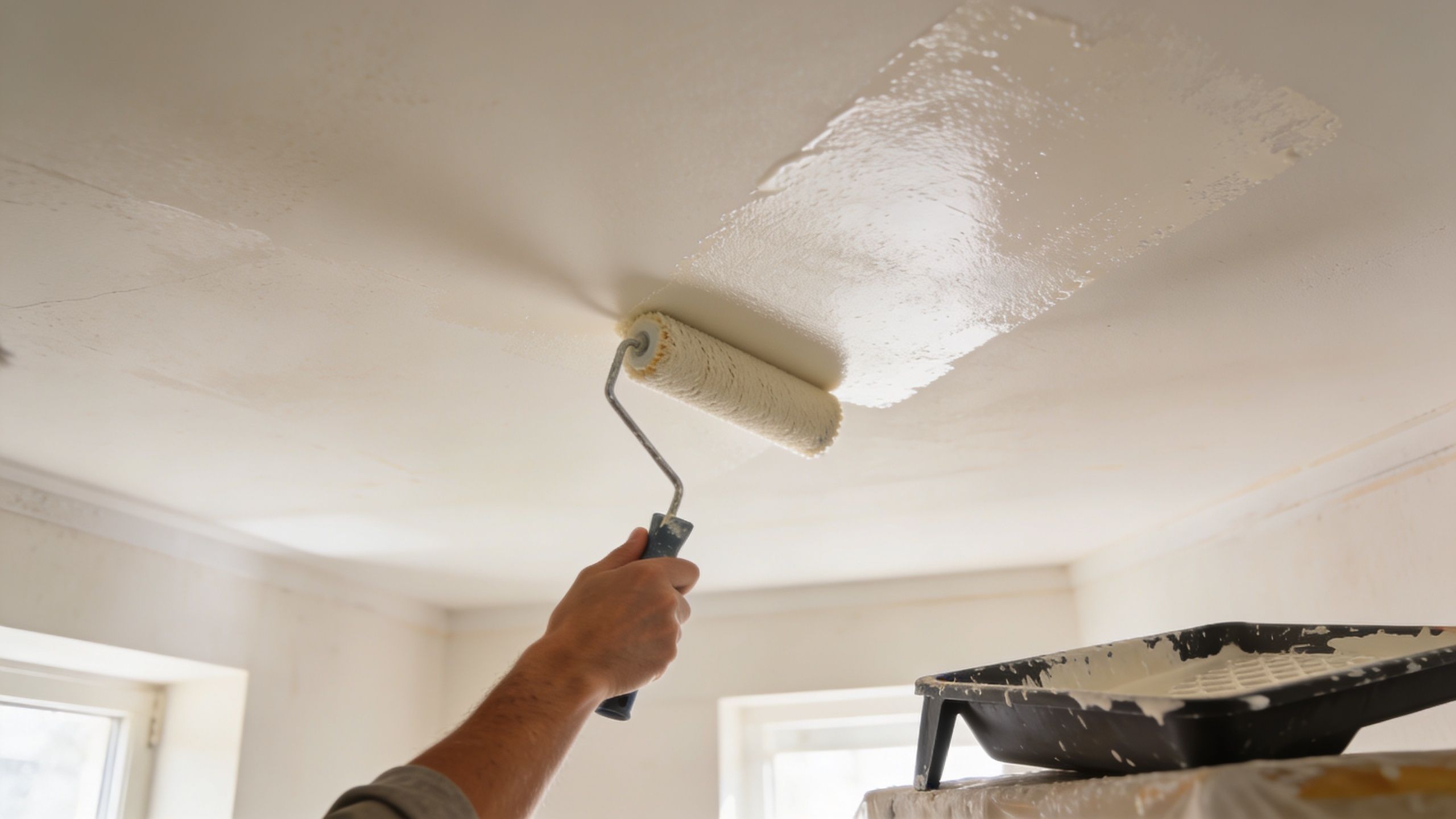 A hand using a paint roller to apply primer to a smooth ceiling after popcorn removal.