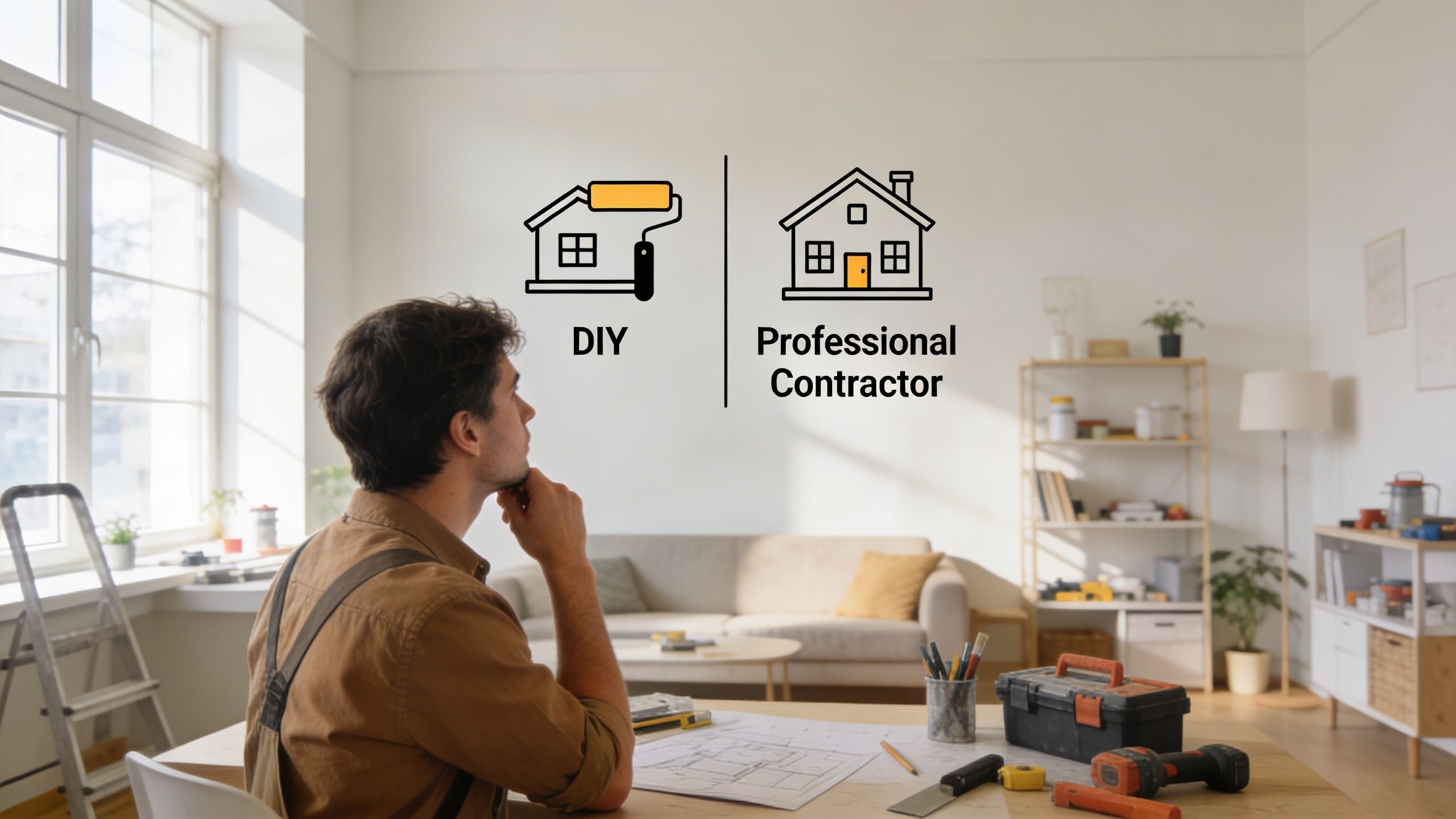 A man in work clothes sitting at a table contemplating DIY versus hiring a professional contractor.