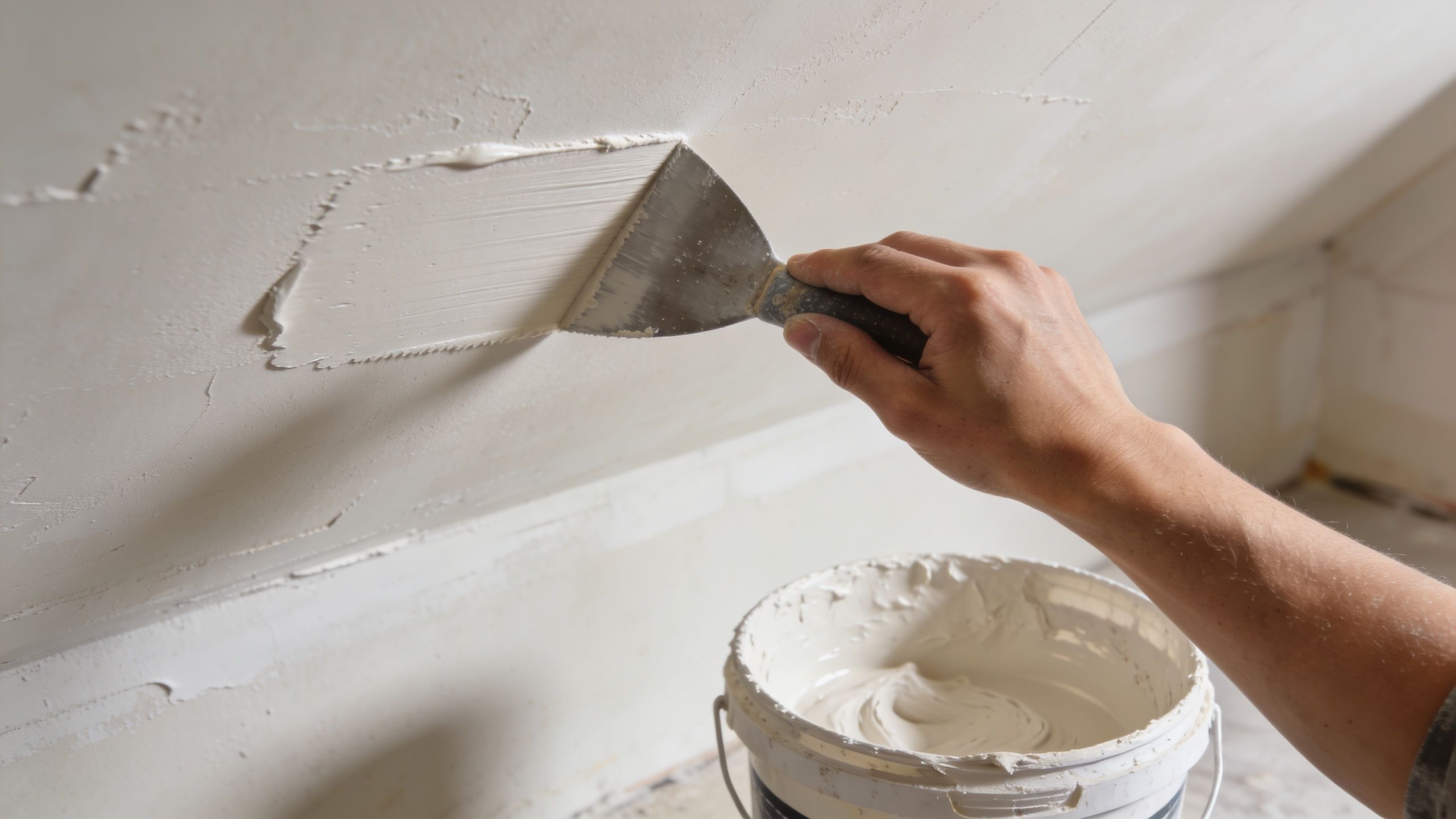 A person using a metal putty knife to apply joint compound to a textured wall.