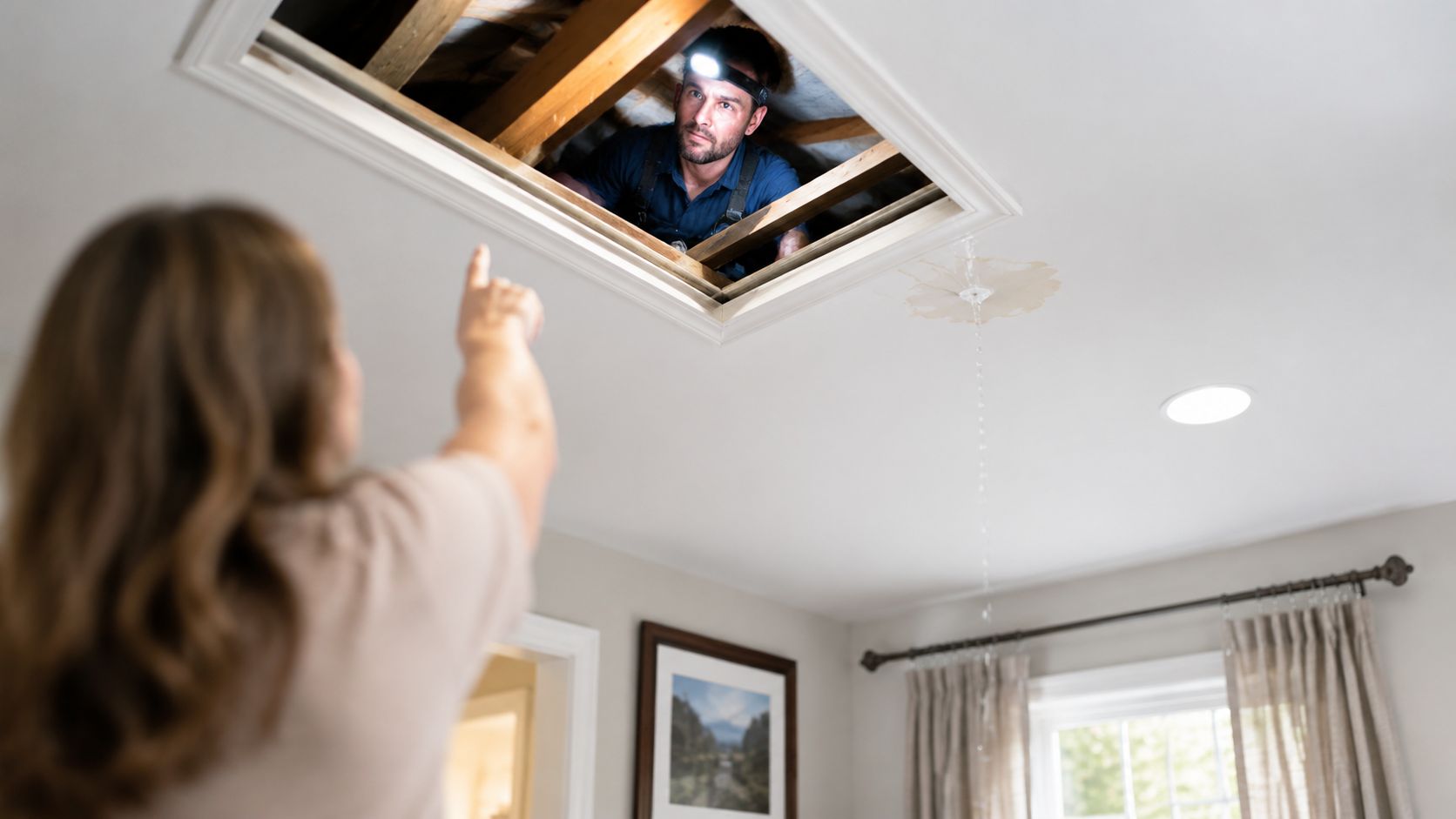 A woman points to a ceiling water leak while a contractor inspects the attic space above.