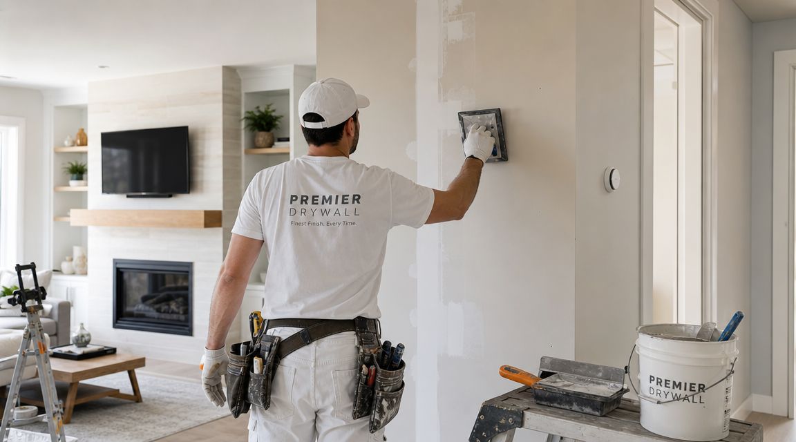 A professional drywall contractor in a branded t-shirt applies joint compound to a wall in a home.