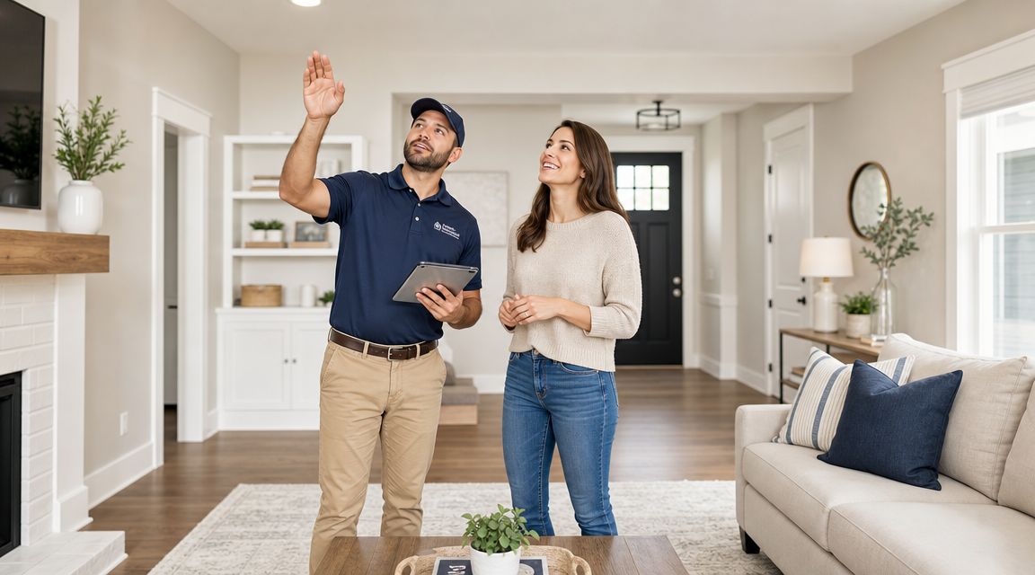 A professional contractor pointing at the ceiling while discussing renovations with a female homeowner in a living room.