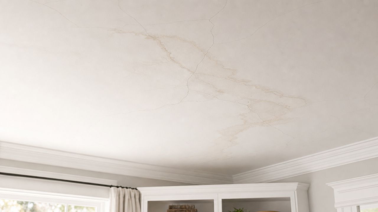 A section of residential white ceiling showing visible water stains and multiple cracks in the drywall surface.
