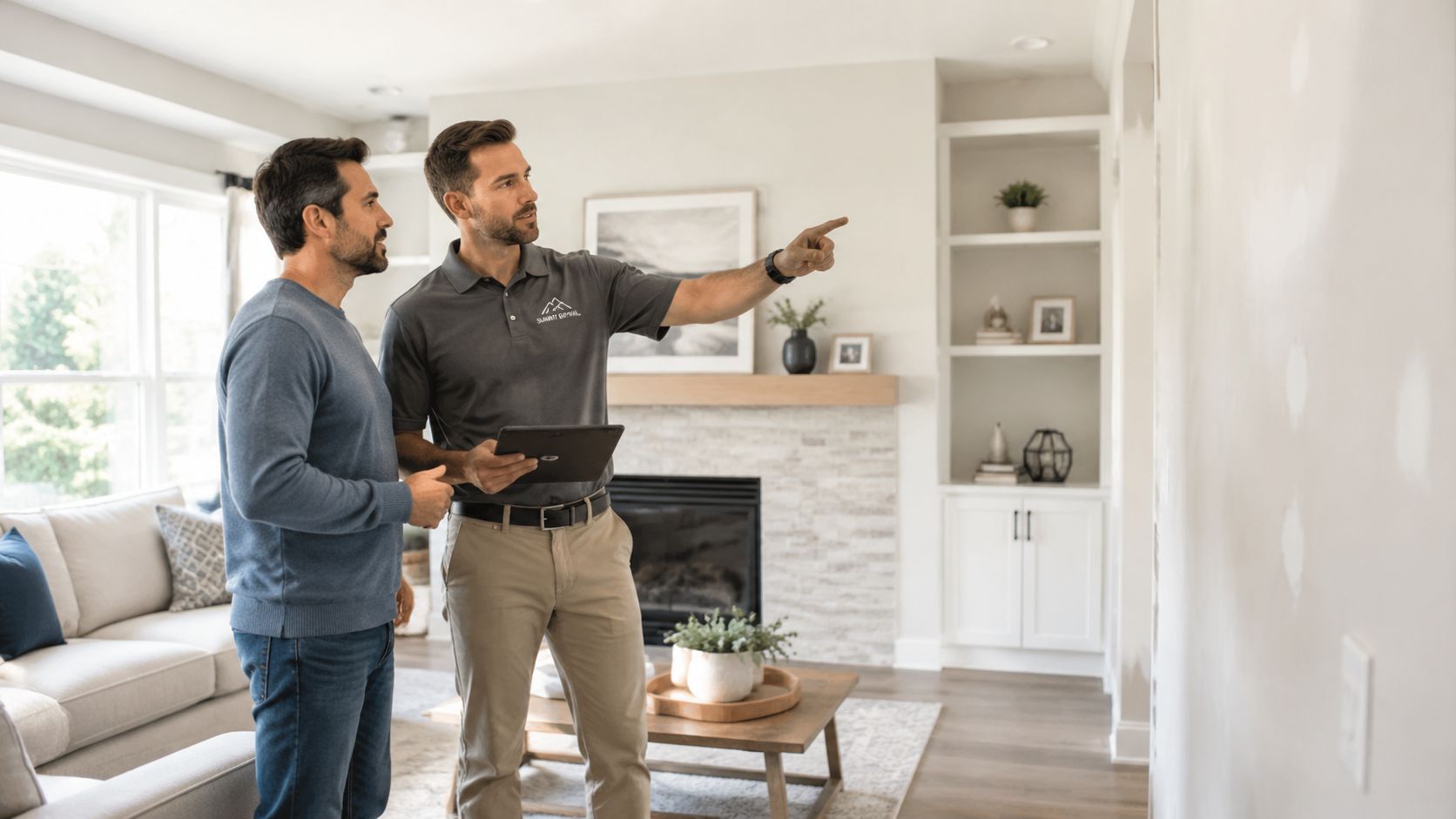 A professional contractor discusses a drywall repair project with a homeowner in a modern living room.