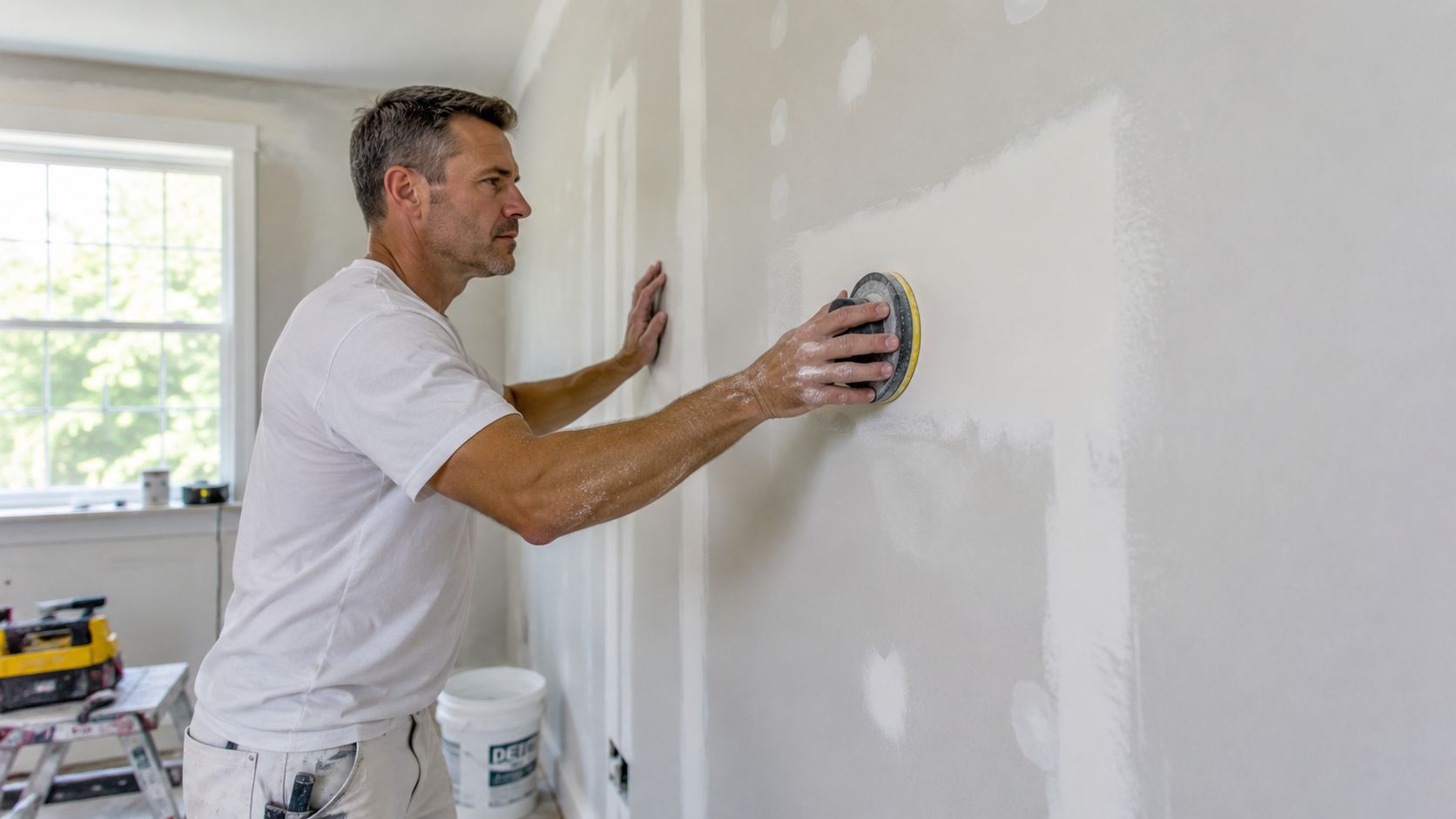 A professional drywall contractor in Beaverton smoothing a wall with a sanding tool during a home renovation.