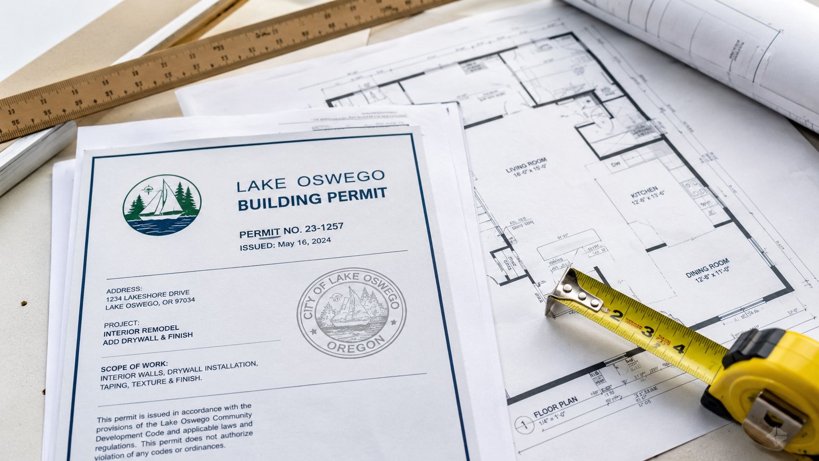 A Lake Oswego building permit for an interior drywall remodel resting on professional architectural floor plans.