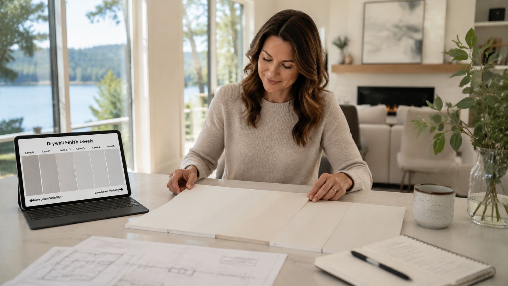 A woman reviewing drywall finish level samples on a table with blueprints in a bright home office.