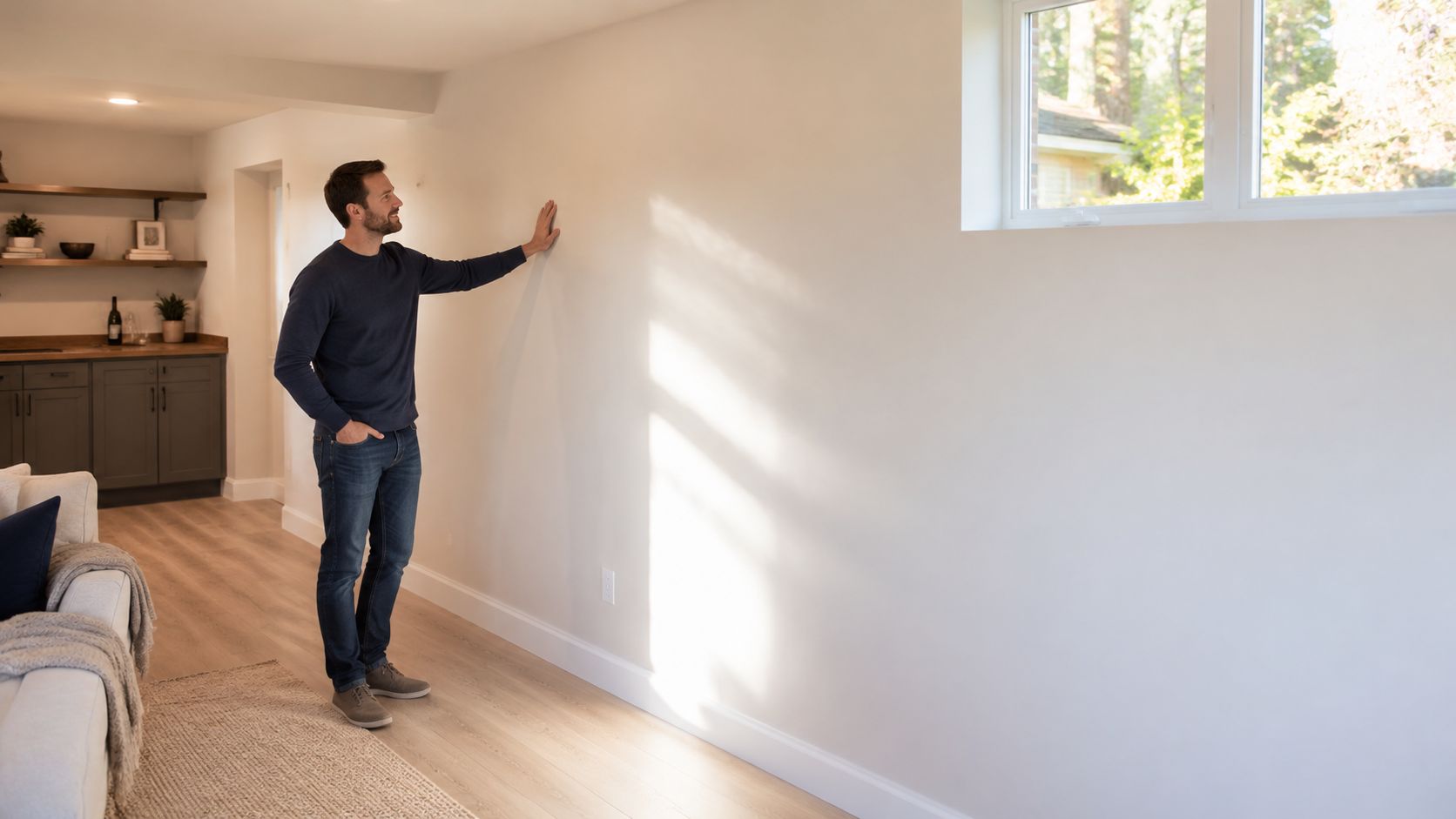 A man in a blue sweater inspecting the drywall in a newly finished residential interior room.