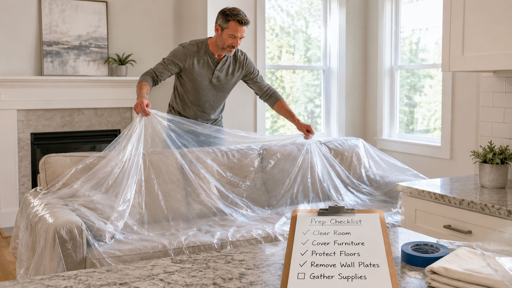 A man covering a living room sofa with plastic film in preparation for a home painting project.