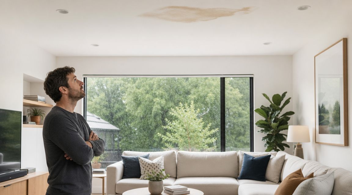 A man looking up at a water damage stain on the ceiling of his living room