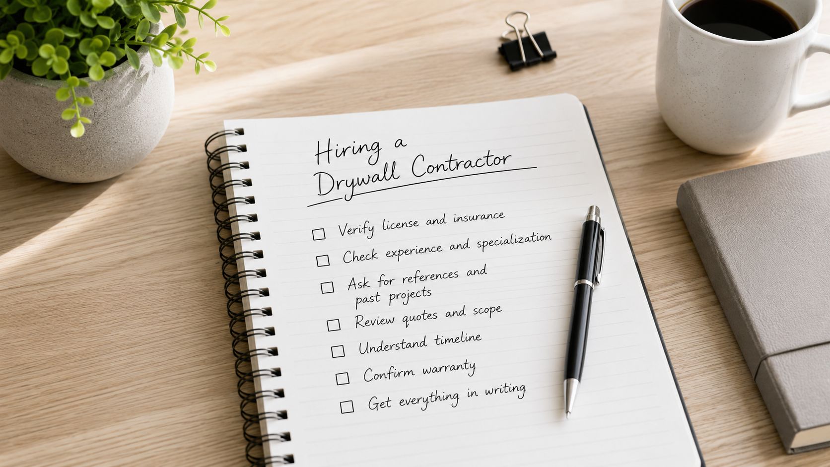 A notepad on a wooden desk with a checklist for hiring a professional drywall contractor.
