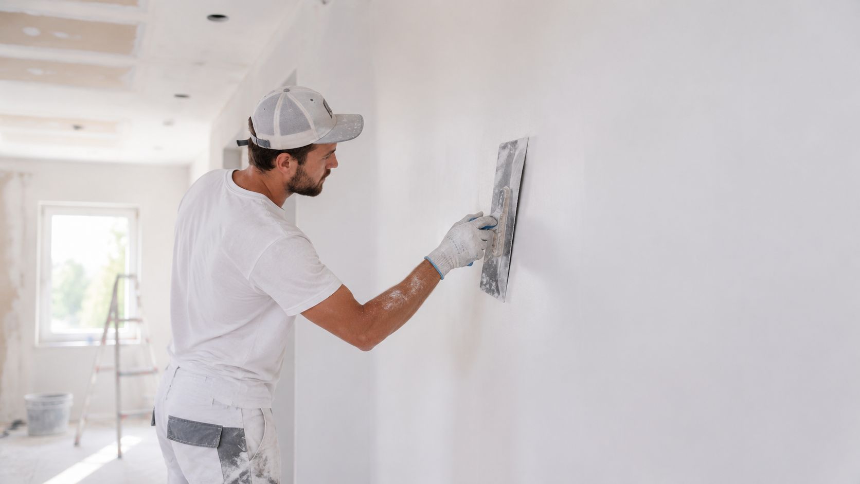 A professional construction worker applies plaster to a white wall using a flat trowel tool.