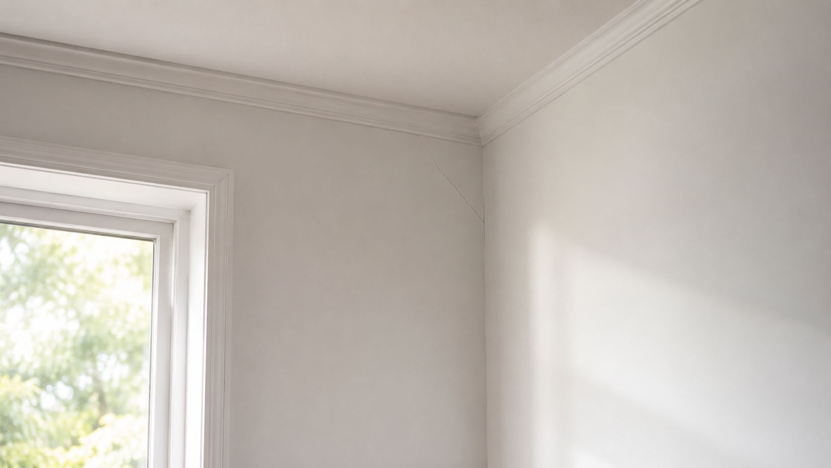 A close-up view of a hairline crack in a white painted wall corner near a window.