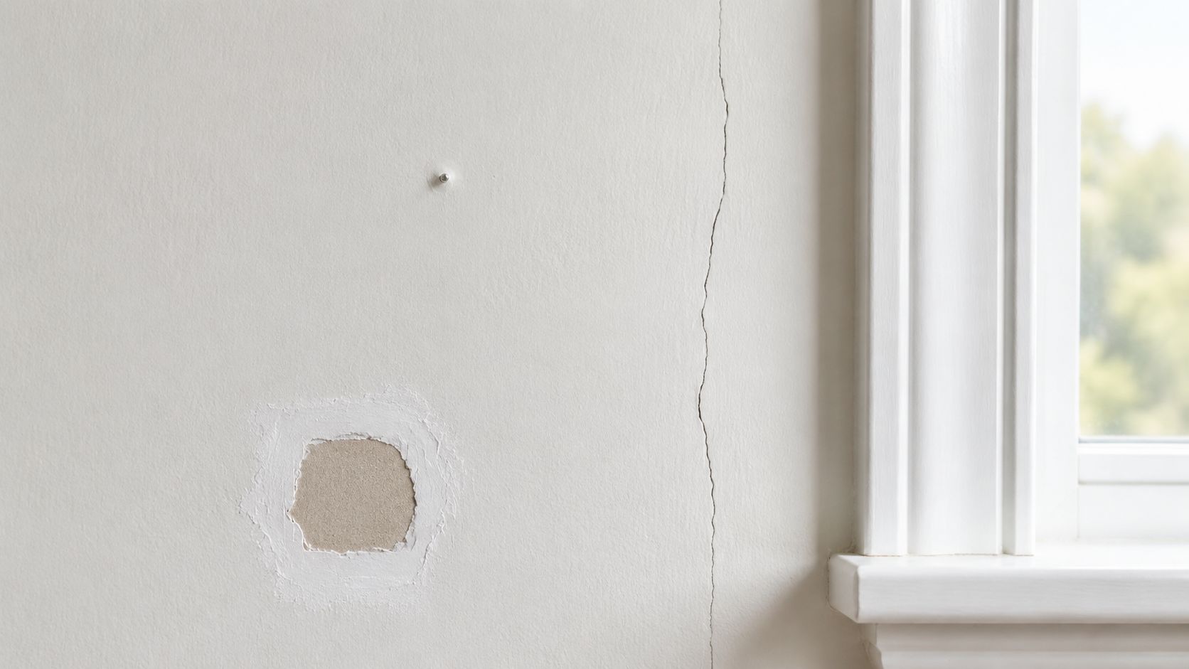 A white interior wall showing a large vertical crack and a circular damaged patch needing drywall repair.