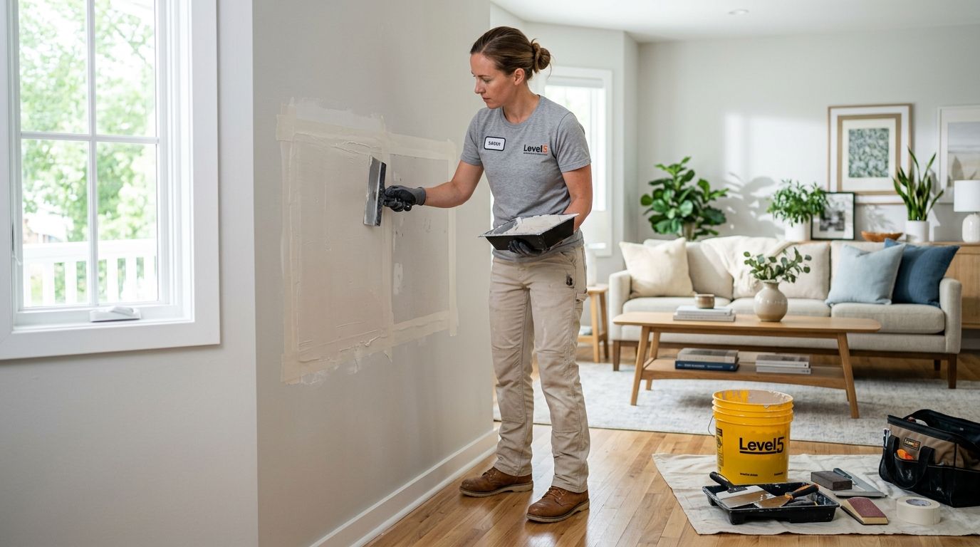 A professional tradeswoman using a putty knife to repair and patch drywall in a residential living room.