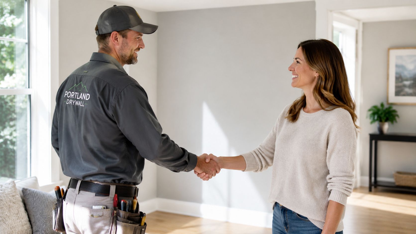 A professional drywall contractor in uniform shaking hands with a smiling female customer inside a home.
