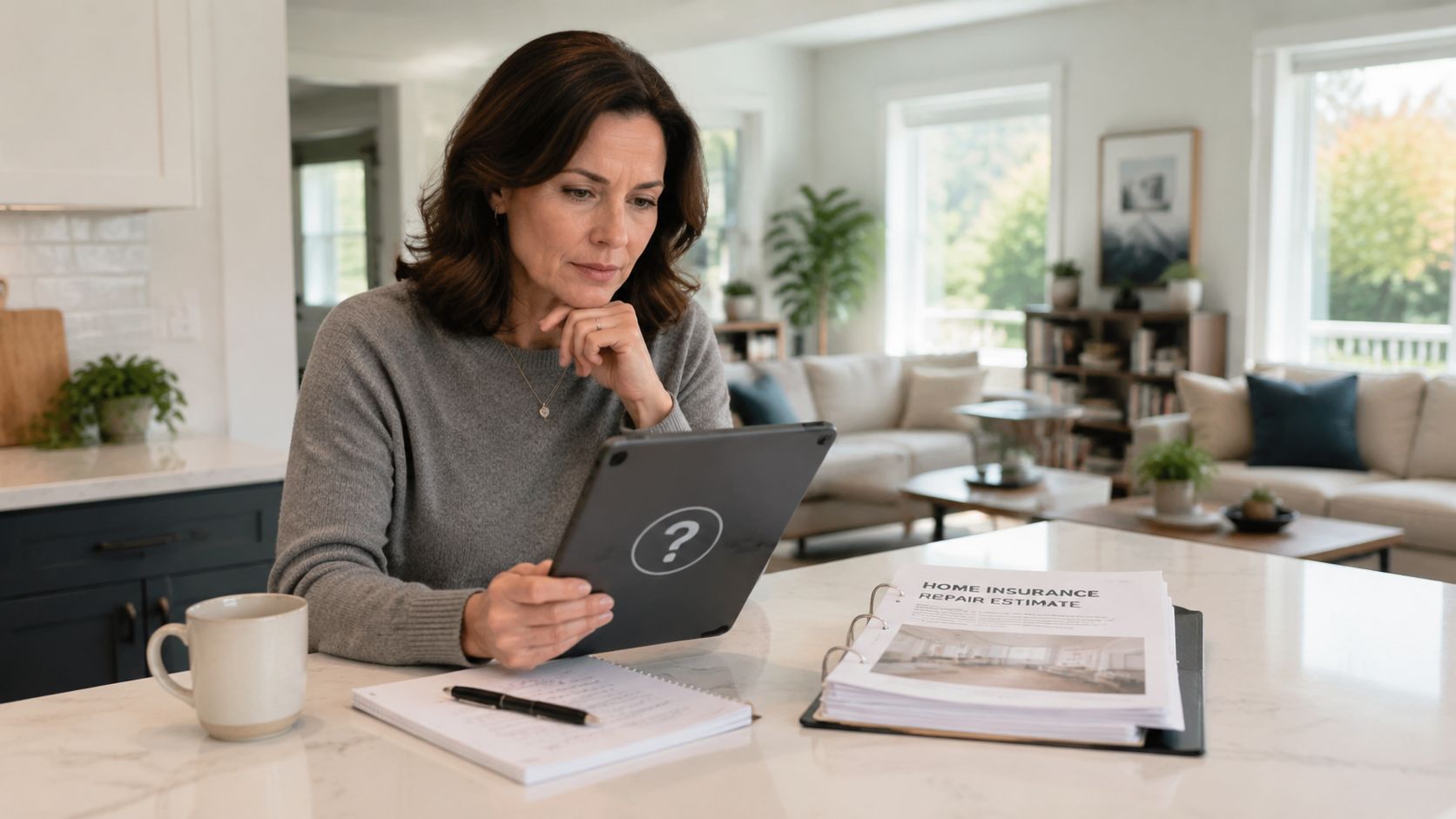 A woman reviewing a home insurance repair estimate on her tablet while sitting at a kitchen counter.