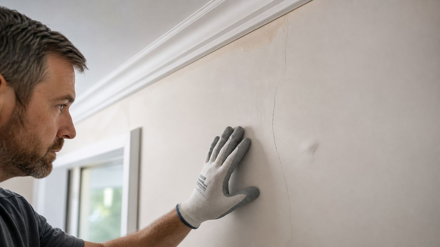 A man wearing a work glove inspects a crack and water damage on a residential wall.