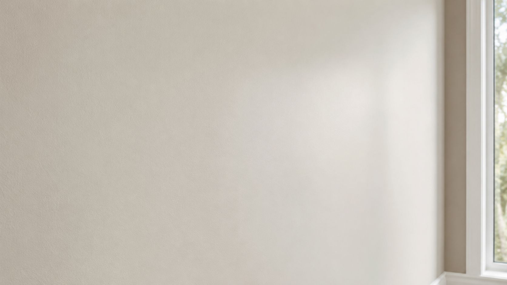 A clean, smooth light beige painted interior wall next to a white window frame in a room.