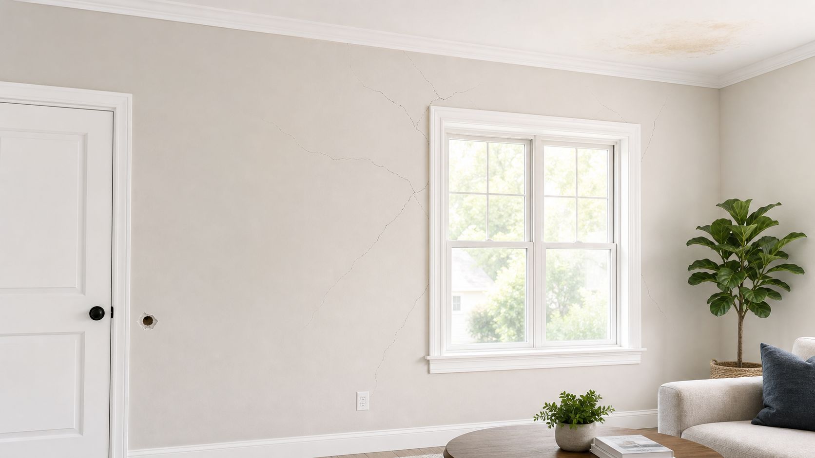 A beige interior wall with significant structural cracks and water damage near the ceiling area.