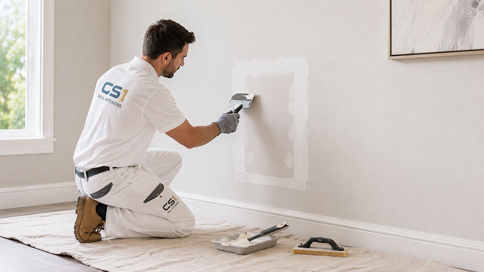 A professional construction worker applying joint compound to a patch on a residential wall in Tigard.