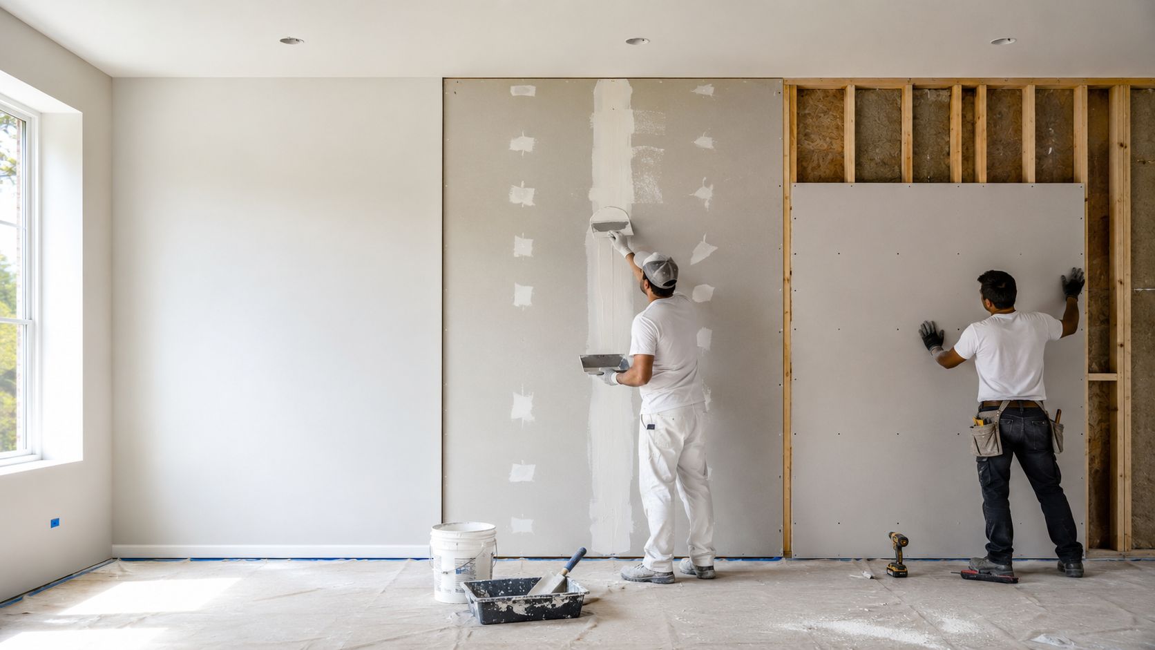 Two professional construction workers installing and finishing drywall panels on a wall in a residential interior space.