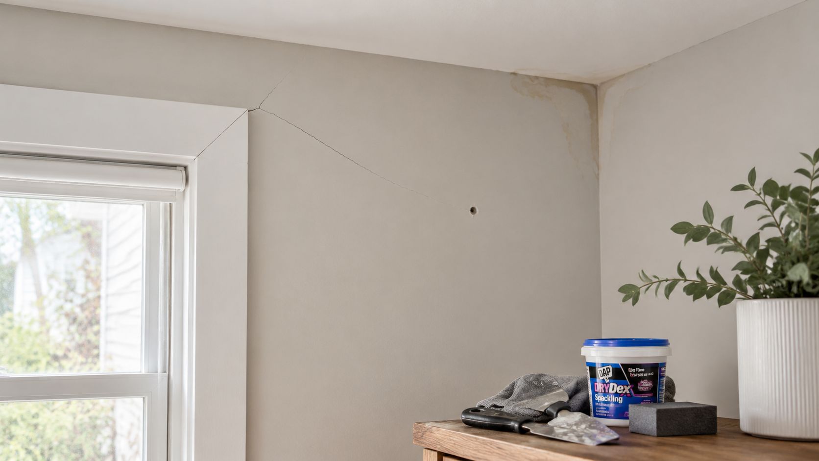 A wall with a crack near a window frame and evidence of water damage in the corner.