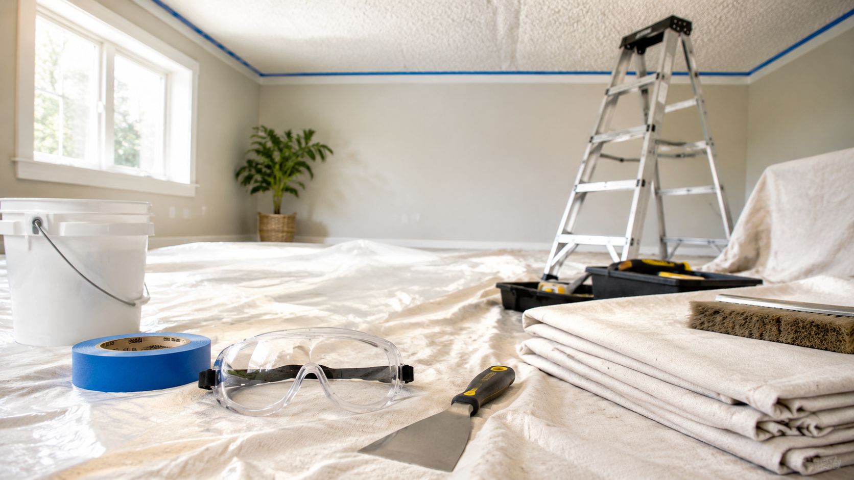 Tools and supplies for home renovation including paint bucket, ladder, and safety goggles on drop cloths.