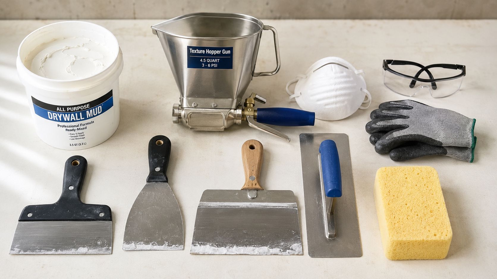 An array of essential drywall repair tools including a mud bucket, texture sprayer, trowels, sponge, and safety gear.